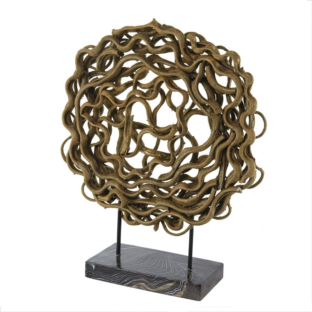 Decorative Tabletop Sculpture | Brown Rattan Intertwined | 20" Round