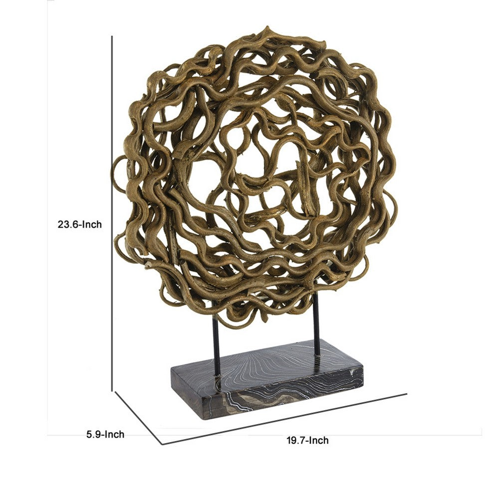Decorative Tabletop Sculpture | Brown Rattan Intertwined | 20" Round