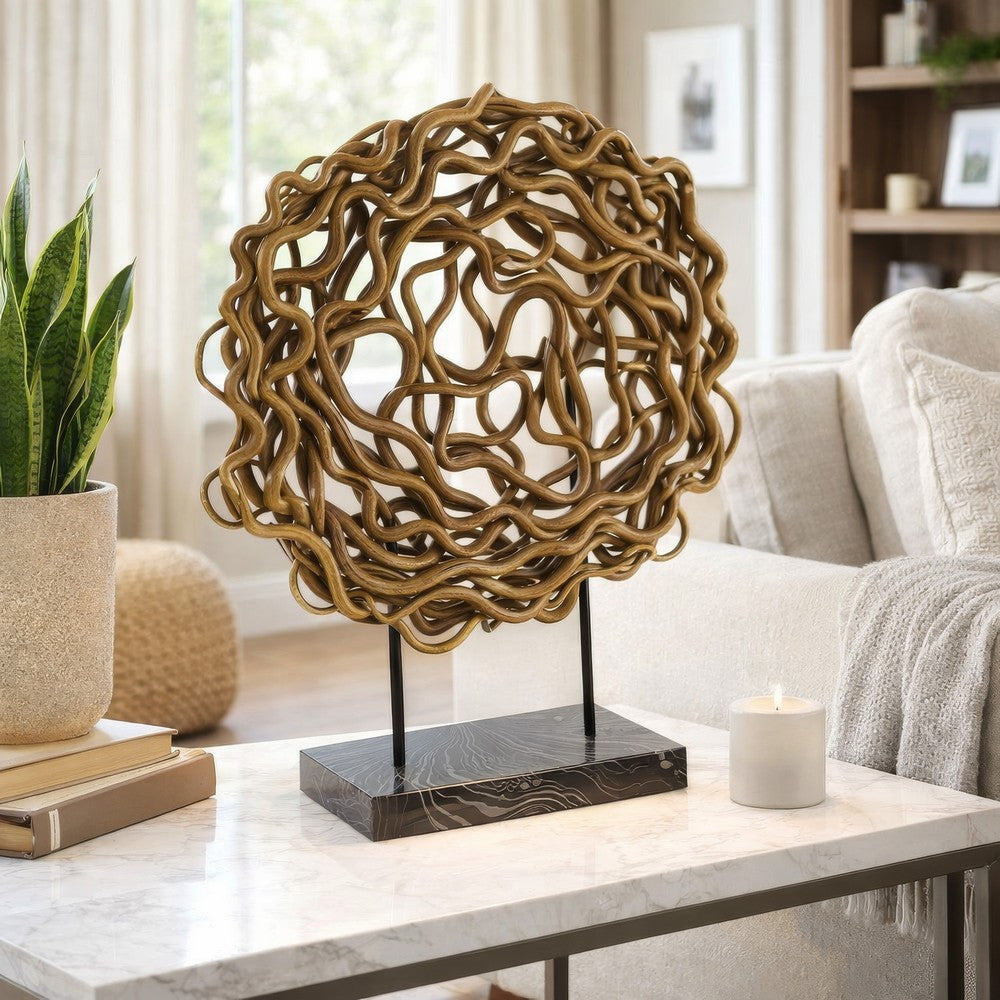 Decorative Tabletop Sculpture | Brown Rattan Intertwined | 20" Round
