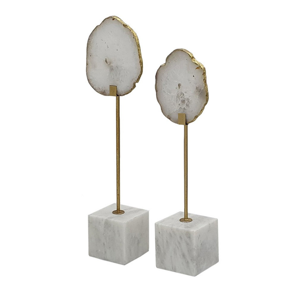 Decorative Statute Set of 2 | White Agate Stone & Marble | Gold Accent