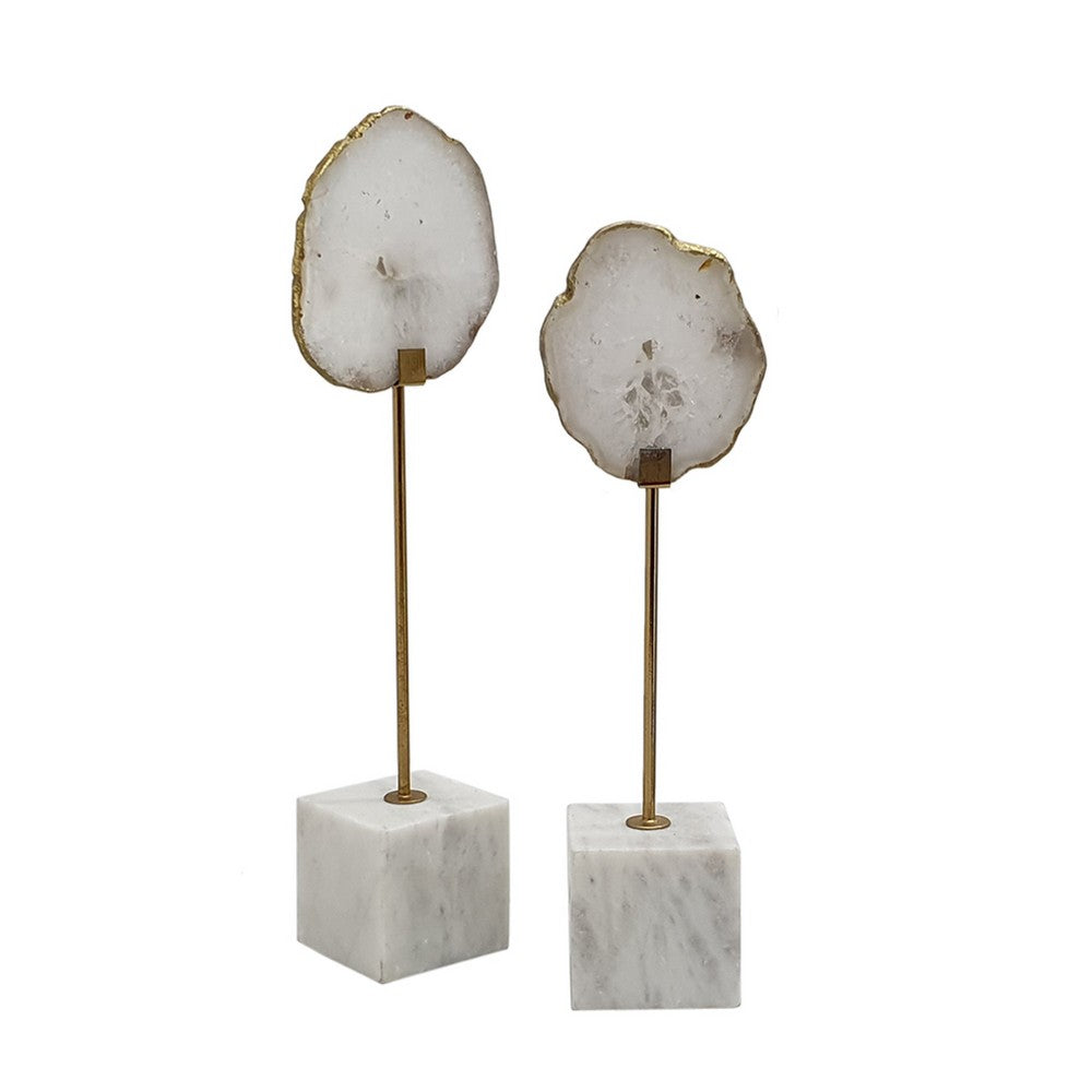 Decorative Statute Set of 2 | White Agate Stone & Marble | Gold Accent