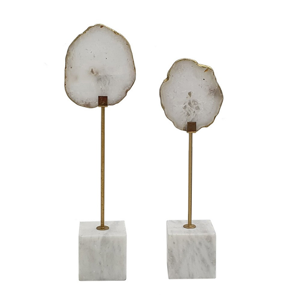 Decorative Statute Set of 2 | White Agate Stone & Marble | Gold Accent
