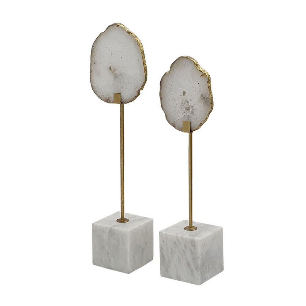 Decorative Statute Set of 2 | White Agate Stone & Marble | Gold Accent