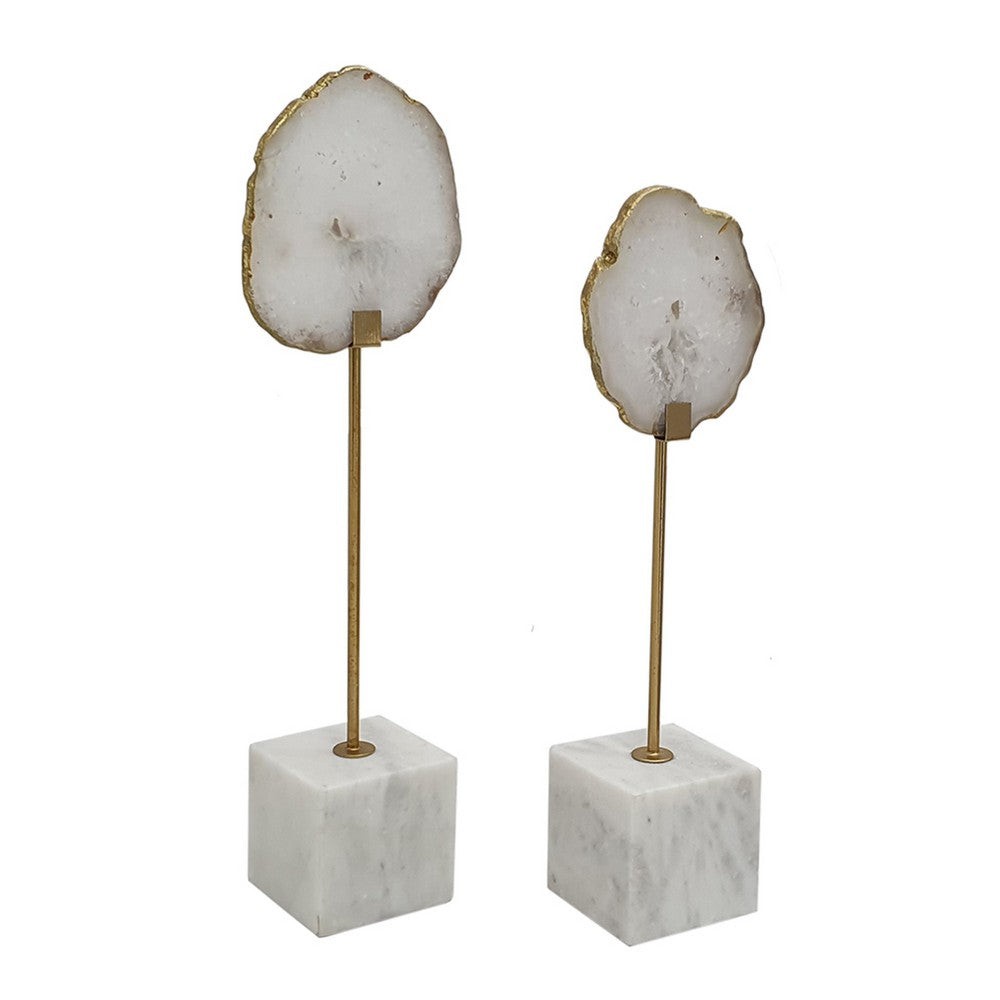 Decorative Statute Set of 2 | White Agate Stone & Marble | Gold Accent
