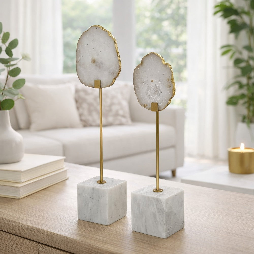 Decorative Statute Set of 2 | White Agate Stone & Marble | Gold Accent