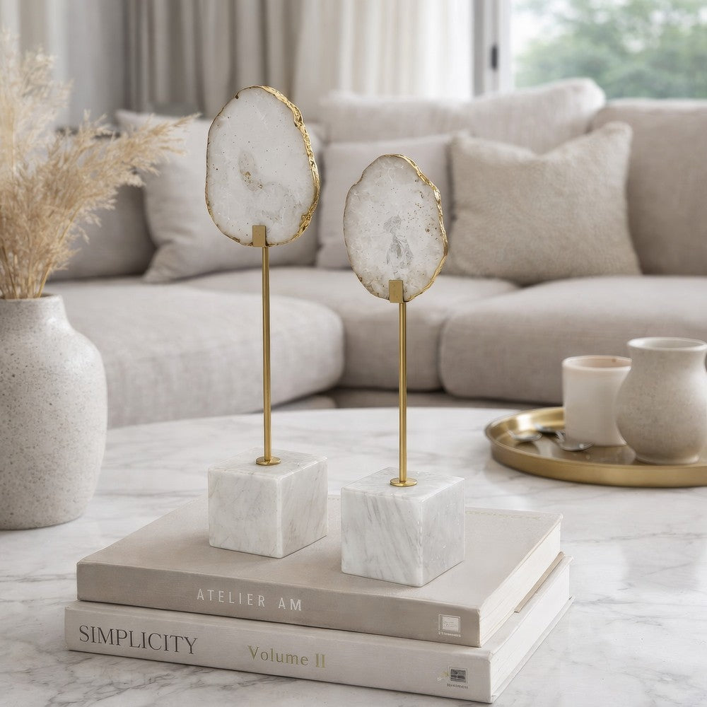 Decorative Statute Set of 2 | White Agate Stone & Marble | Gold Accent