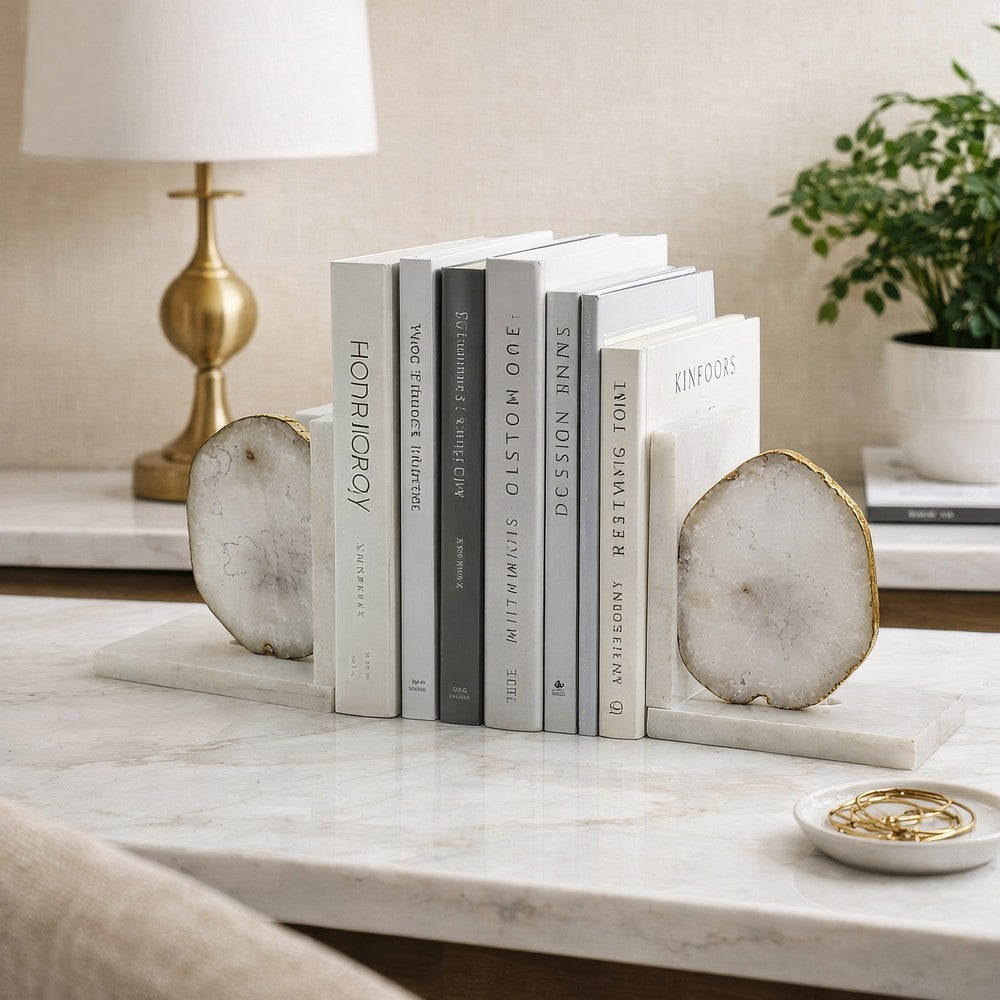 Hemi Agate Bookends Set of 2 | Glam White Natural Stone & Marble