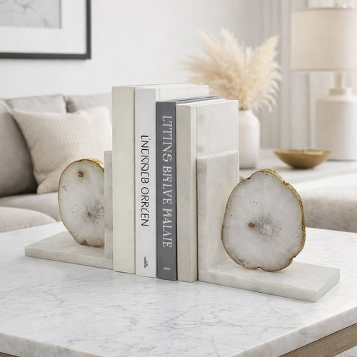 Hemi Agate Bookends Set of 2 | Glam White Natural Stone & Marble
