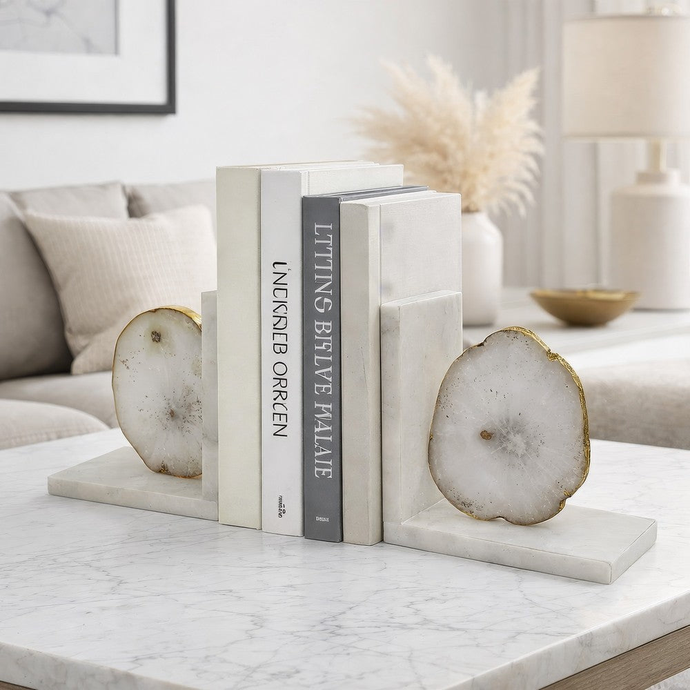 Hemi Agate Bookends Set of 2 | Glam White Natural Stone & Marble