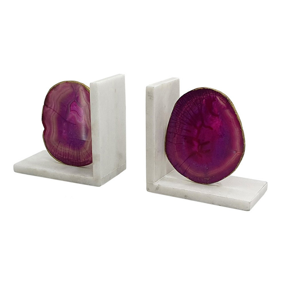 Hemi Agate Bookends Set of 2 | Glam Pink Natural Stone | White Marble