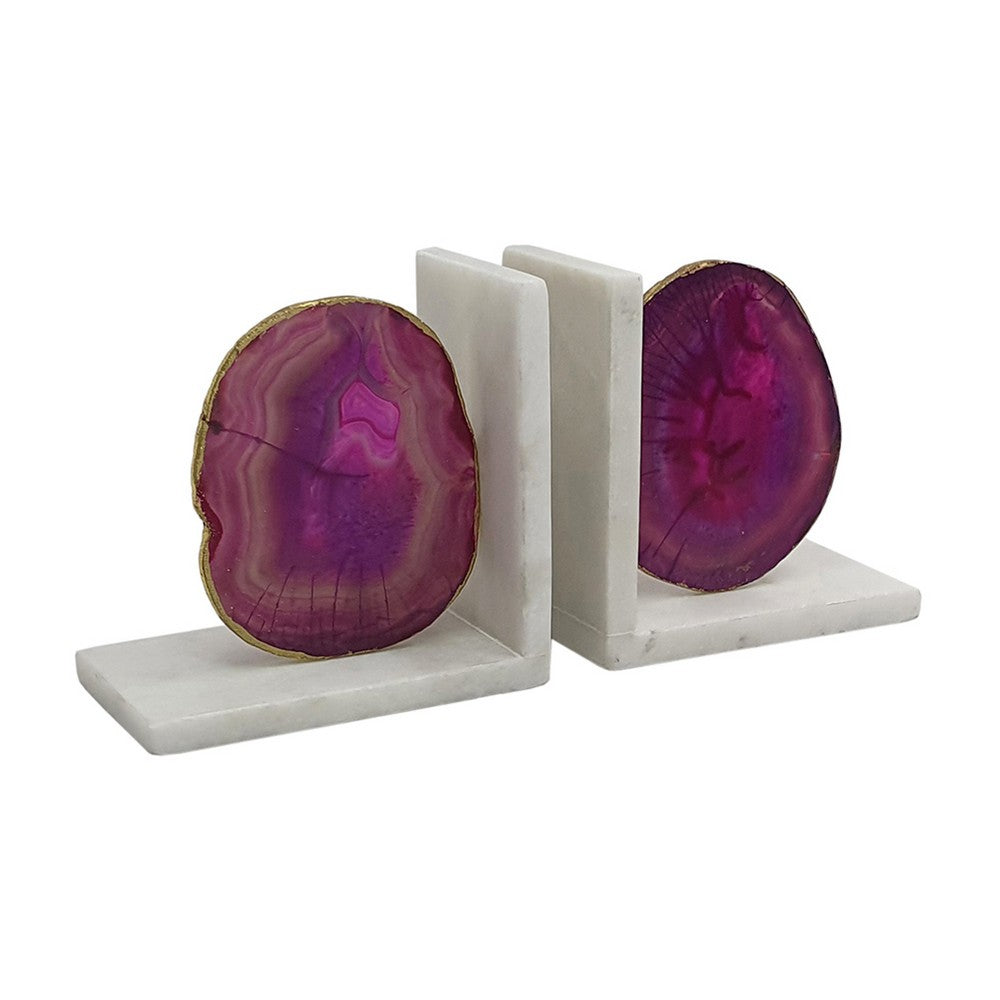 Hemi Agate Bookends Set of 2 | Glam Pink Natural Stone | White Marble