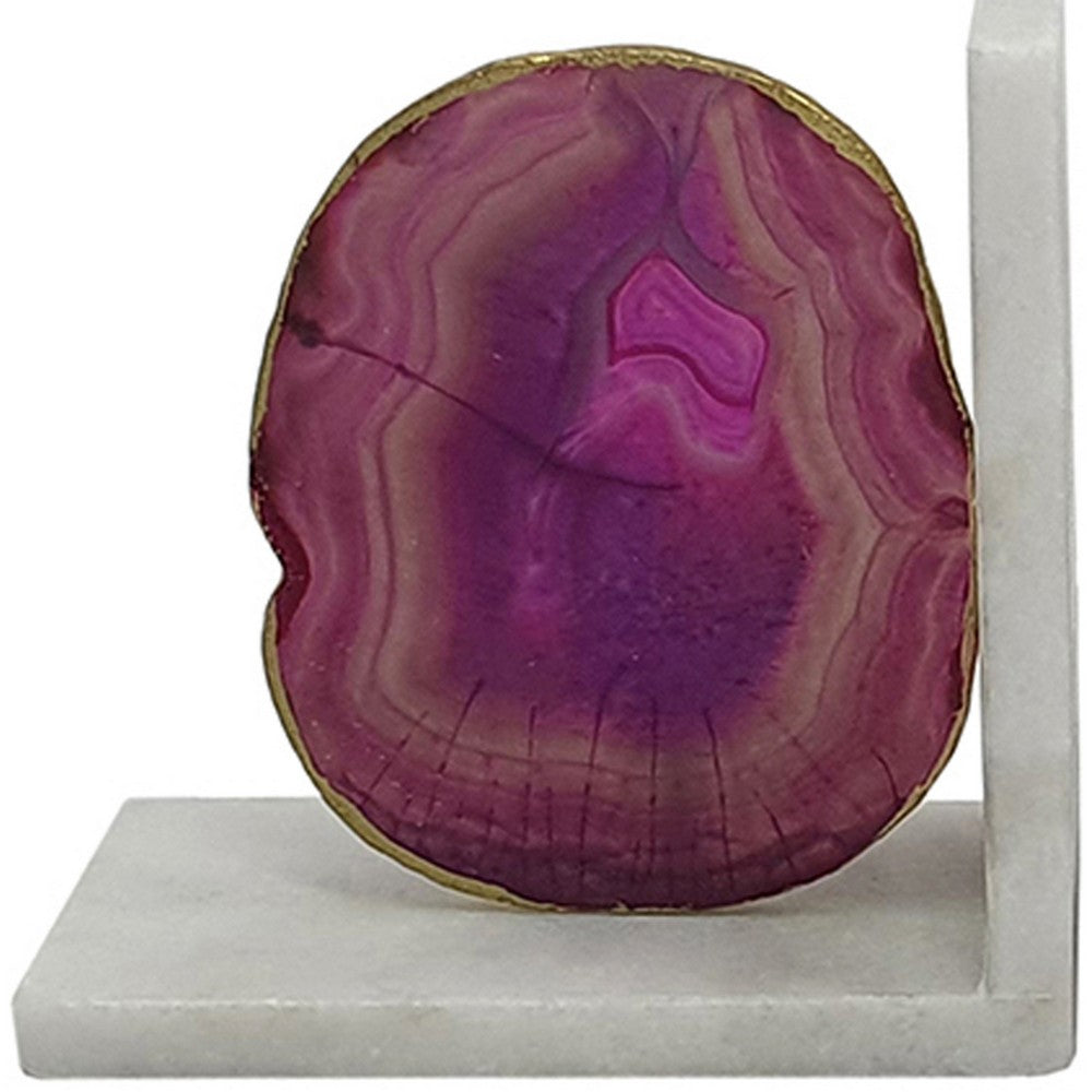 Hemi Agate Bookends Set of 2 | Glam Pink Natural Stone | White Marble