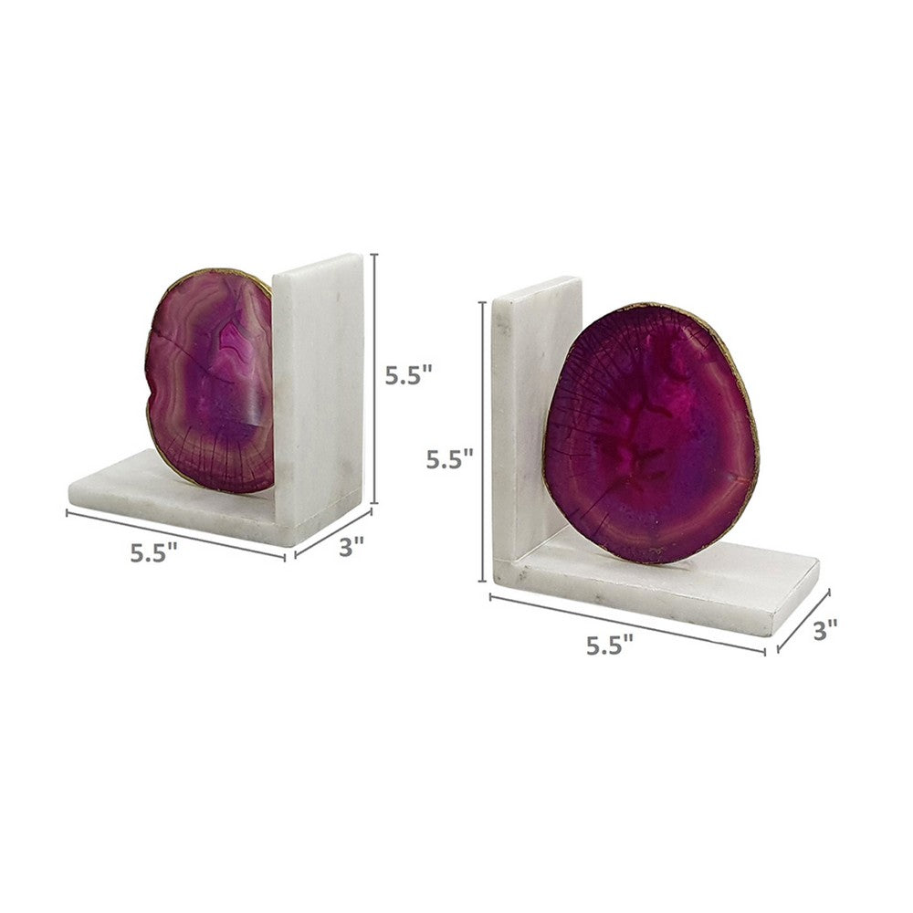 Hemi Agate Bookends Set of 2 | Glam Pink Natural Stone | White Marble