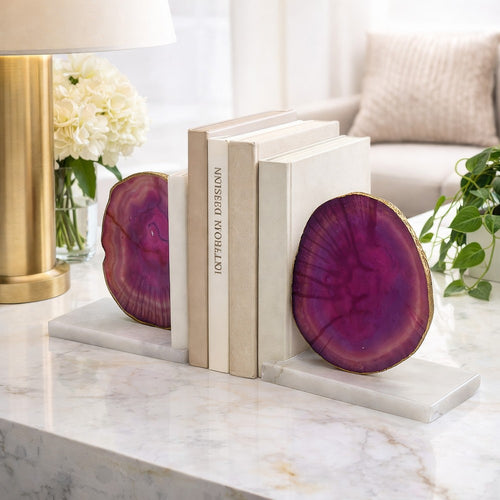 Hemi Agate Bookends Set of 2 | Glam Pink Natural Stone | White Marble