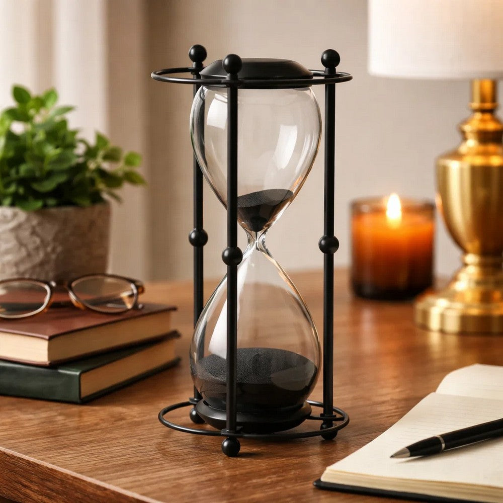 Iaon Hourglass Timer with Black Sand & Iron Stand | Tabletop 13"