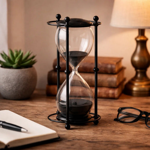 Iaon Hourglass Timer with Black Sand & Iron Stand | Tabletop 13"