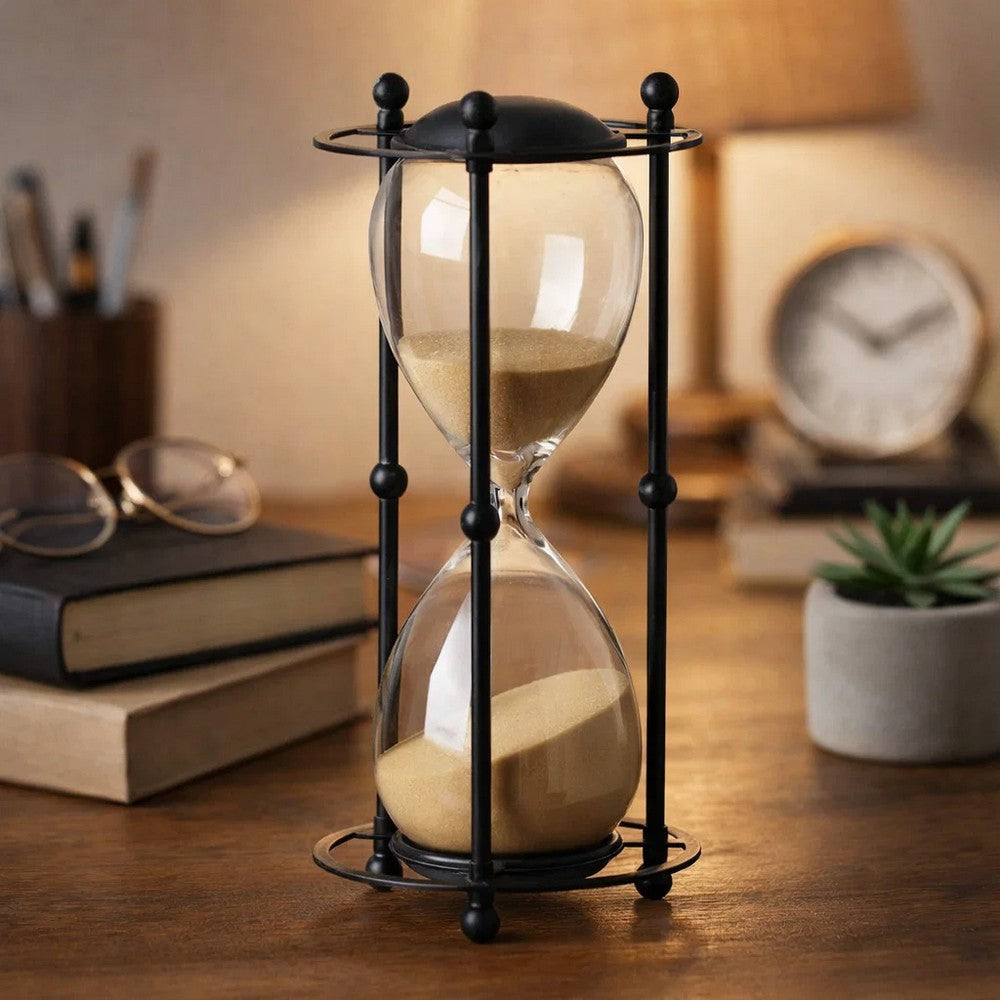 Iaon Hourglass Timer with Beige Sand | Tabletop 13" Black Iron Stand