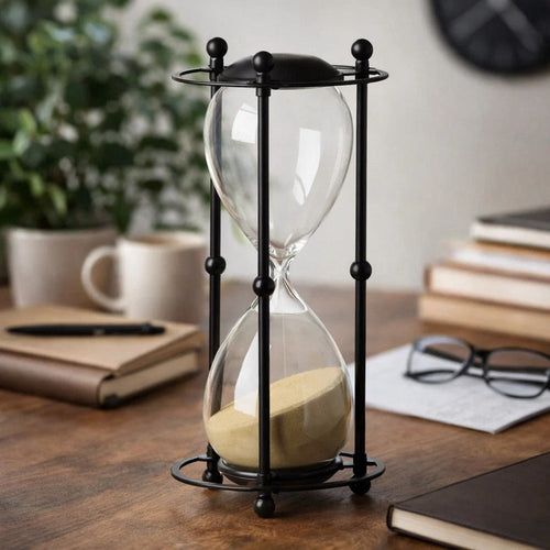 Iaon Hourglass Timer with Beige Sand | Tabletop 13" Black Iron Stand