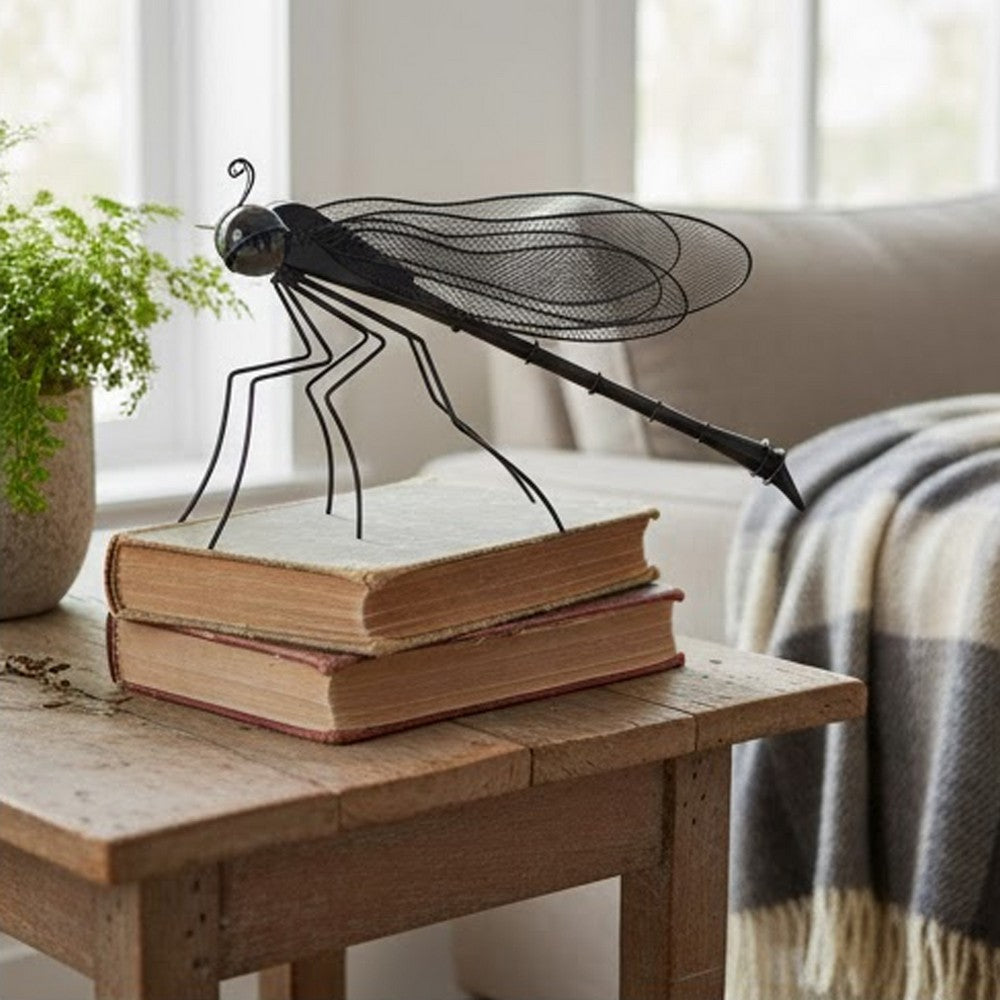 Decorative Dragonfly Garden Accent with Solar Lights | Black Iron Frame