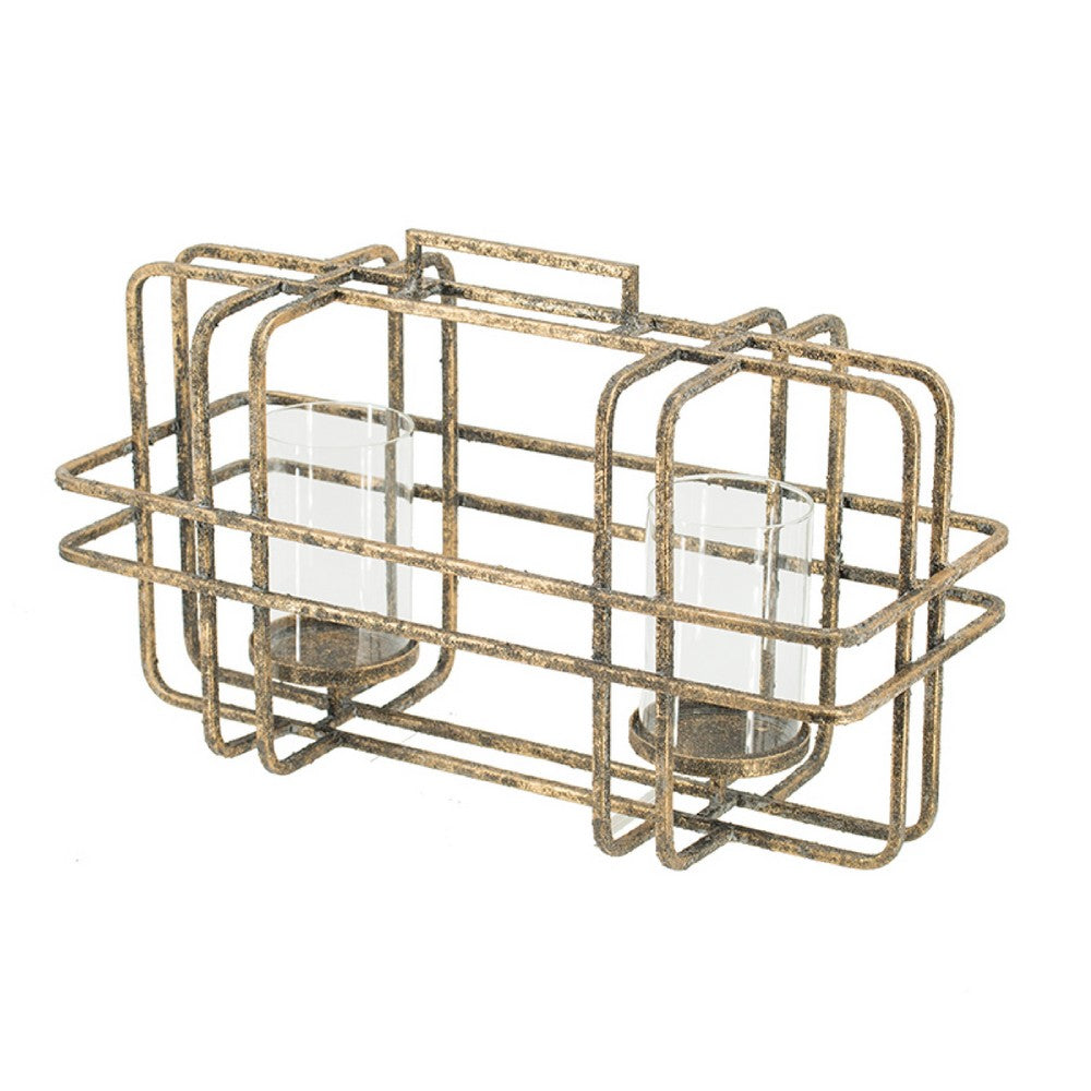 Decorative Candle Holder with Glass & Gold Open Geometric Frame