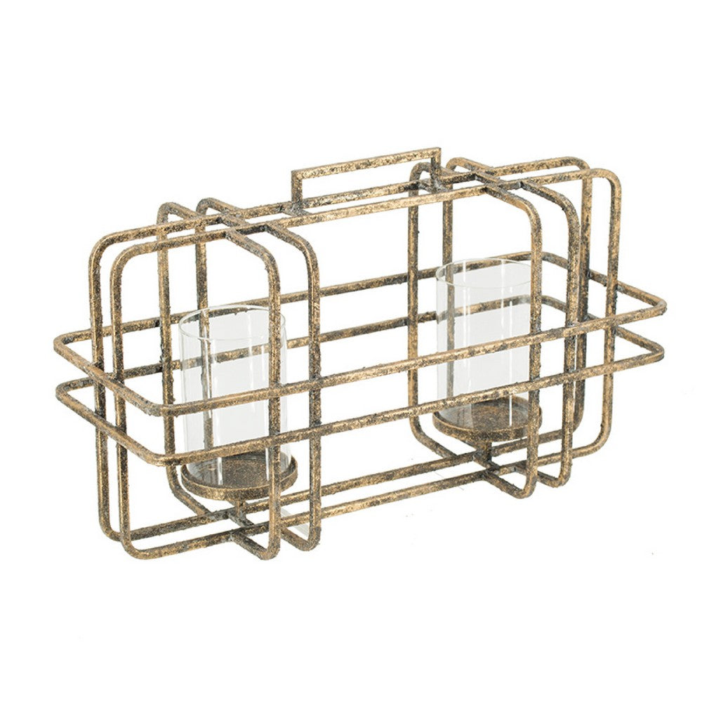 Decorative Candle Holder with Glass & Gold Open Geometric Frame
