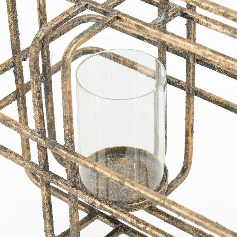 Decorative Candle Holder with Glass & Gold Open Geometric Frame