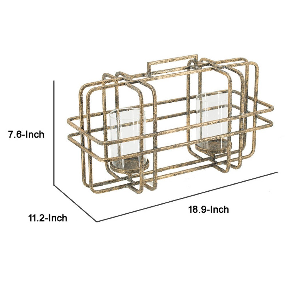 Decorative Candle Holder with Glass & Gold Open Geometric Frame