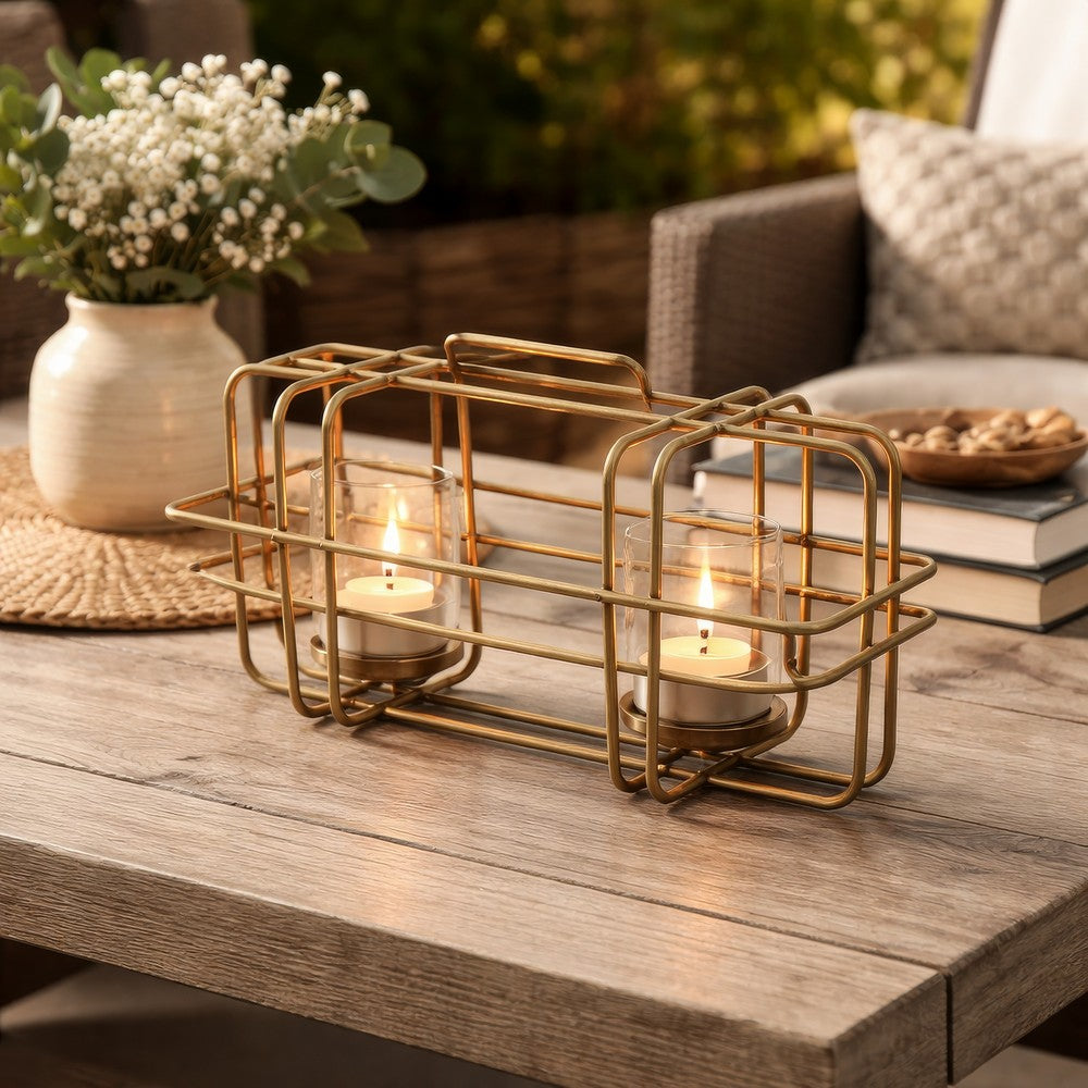Decorative Candle Holder with Glass & Gold Open Geometric Frame