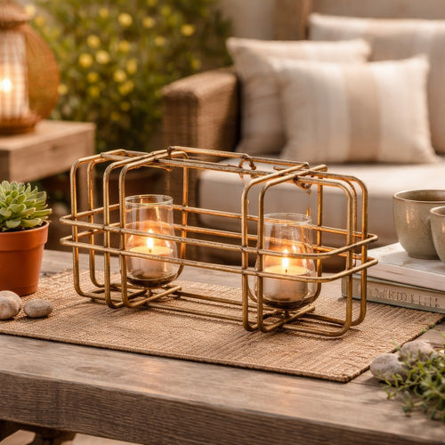 Decorative Candle Holder with Glass & Gold Open Geometric Frame