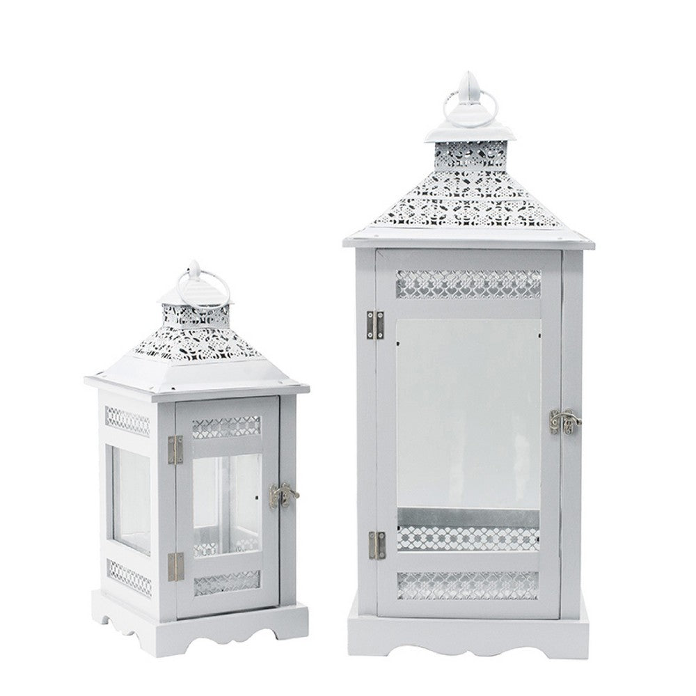 Decorative Lantern Set of 2 | Classic Cut Out Details & Glass Panels | White