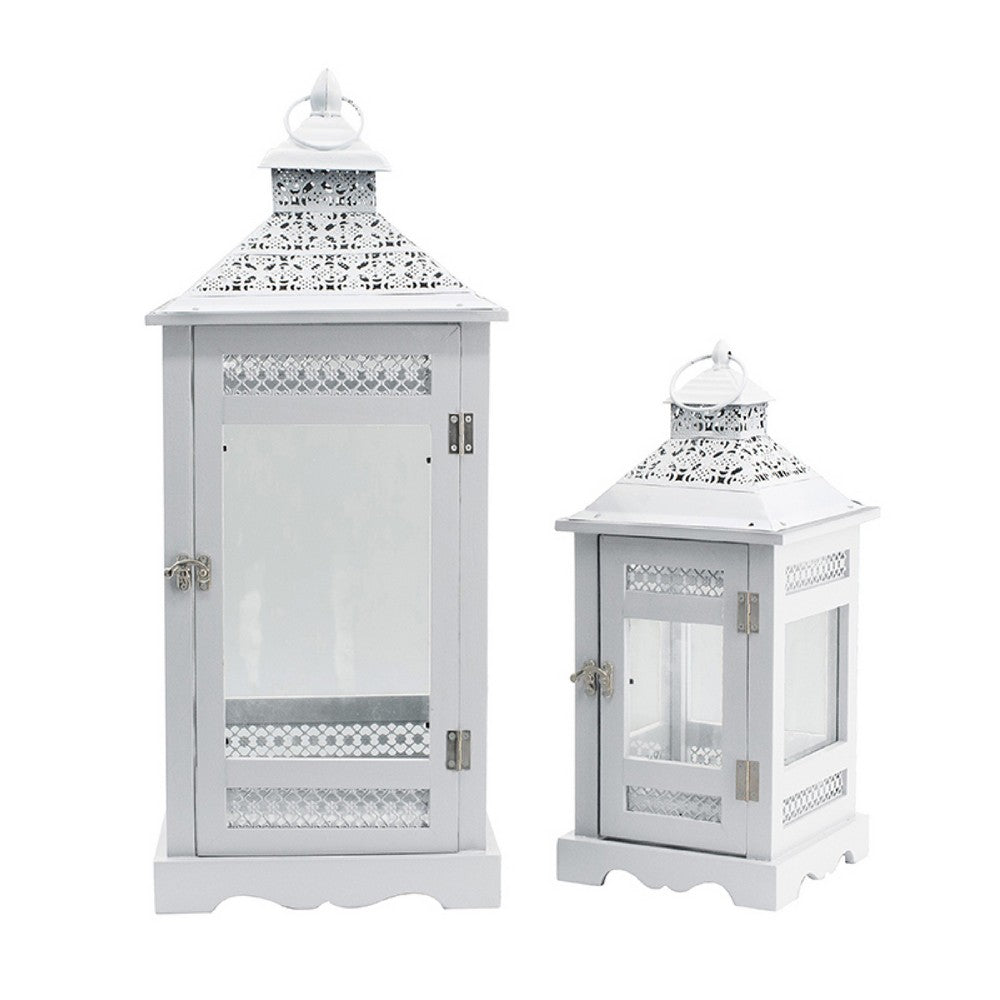 Decorative Lantern Set of 2 | Classic Cut Out Details & Glass Panels | White
