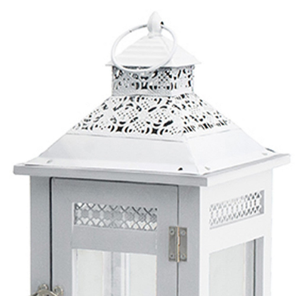 Decorative Lantern Set of 2 | Classic Cut Out Details & Glass Panels | White