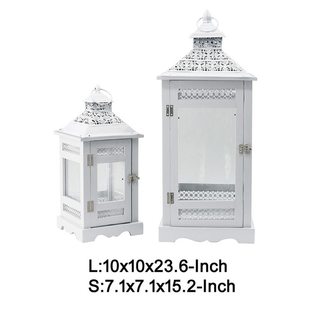 Decorative Lantern Set of 2 | Classic Cut Out Details & Glass Panels | White