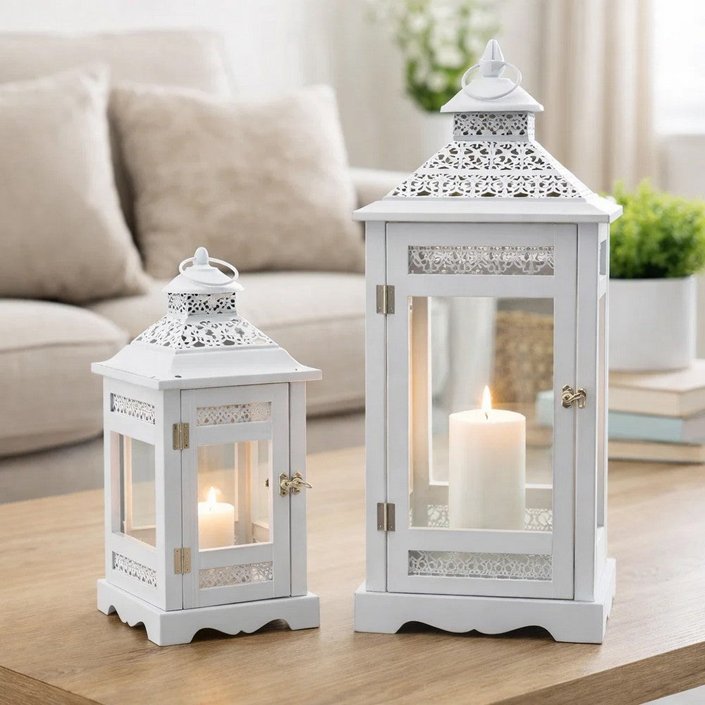 Decorative Lantern Set of 2 | Classic Cut Out Details & Glass Panels | White