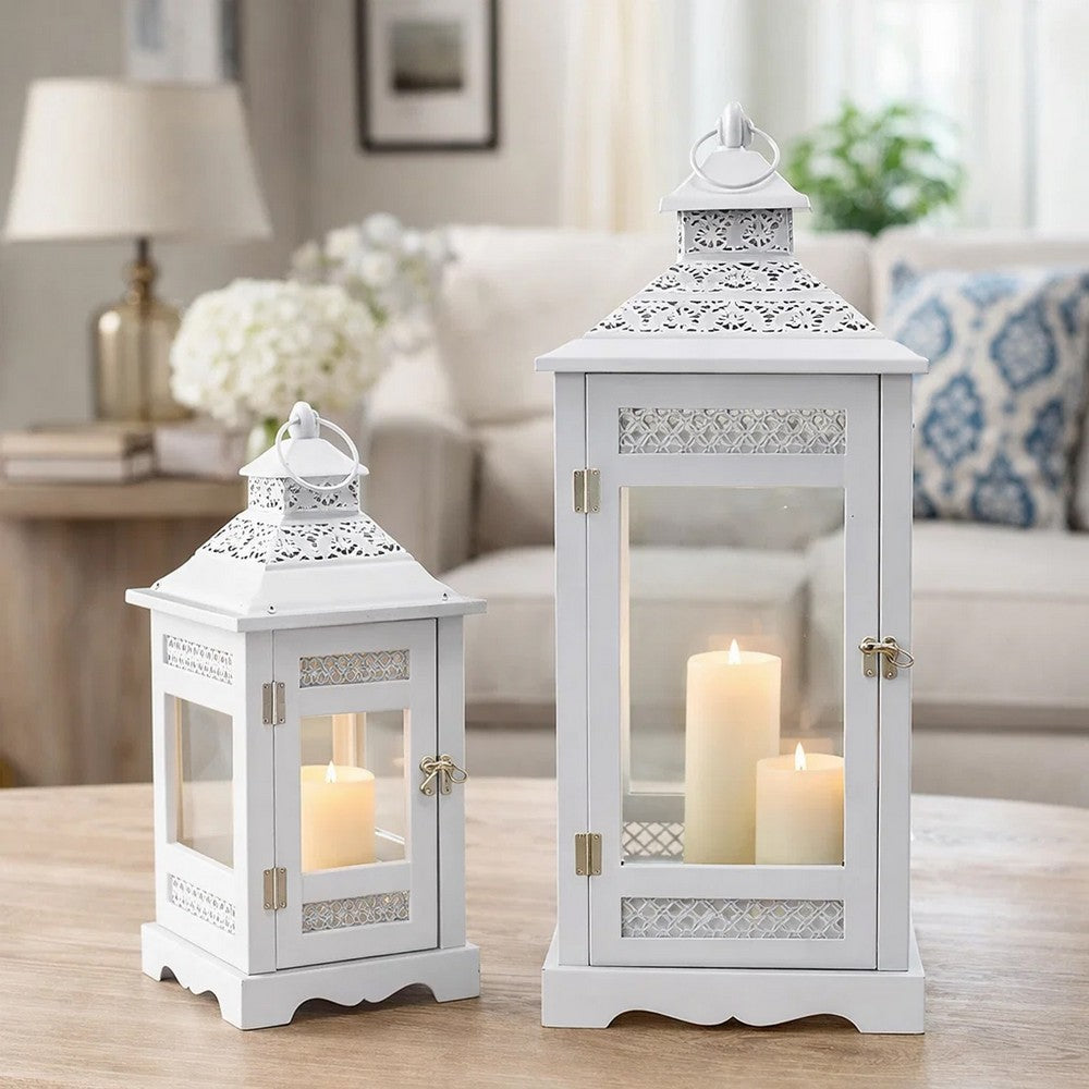 Decorative Lantern Set of 2 | Classic Cut Out Details & Glass Panels | White
