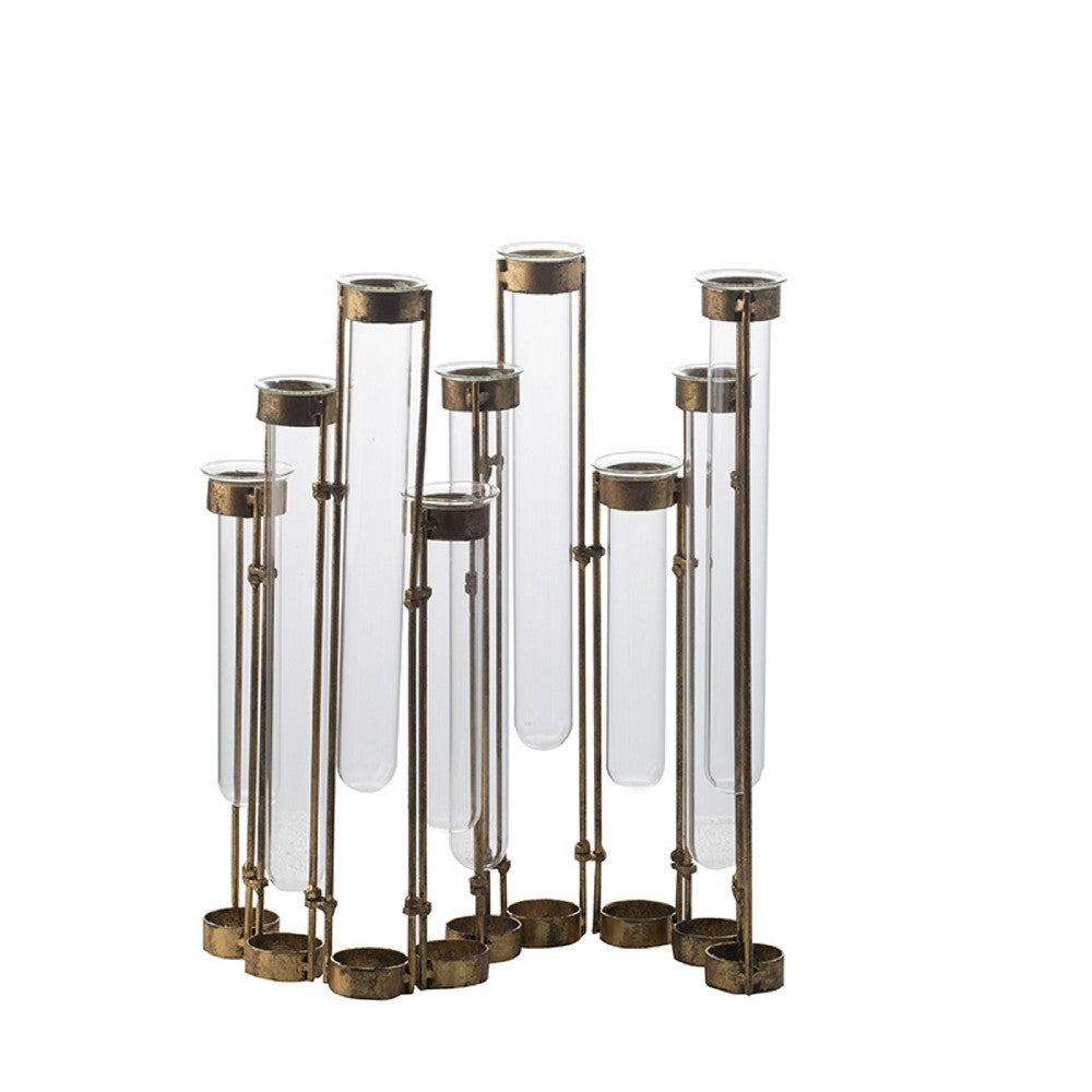 Glass Flower Vase with Separate Tubes & Bronze Metal Stand | 14" Accent