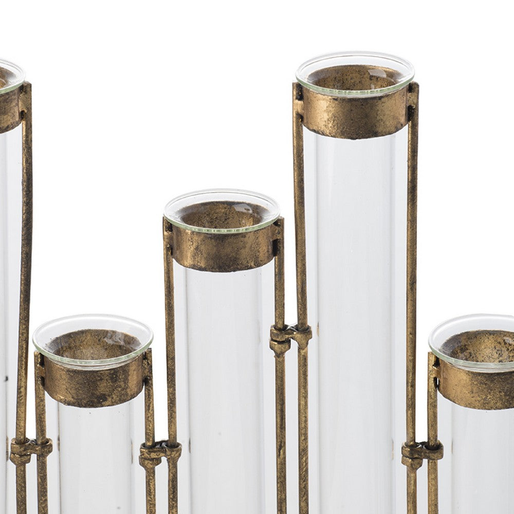 Glass Flower Vase with Separate Tubes & Bronze Metal Stand | 14" Accent