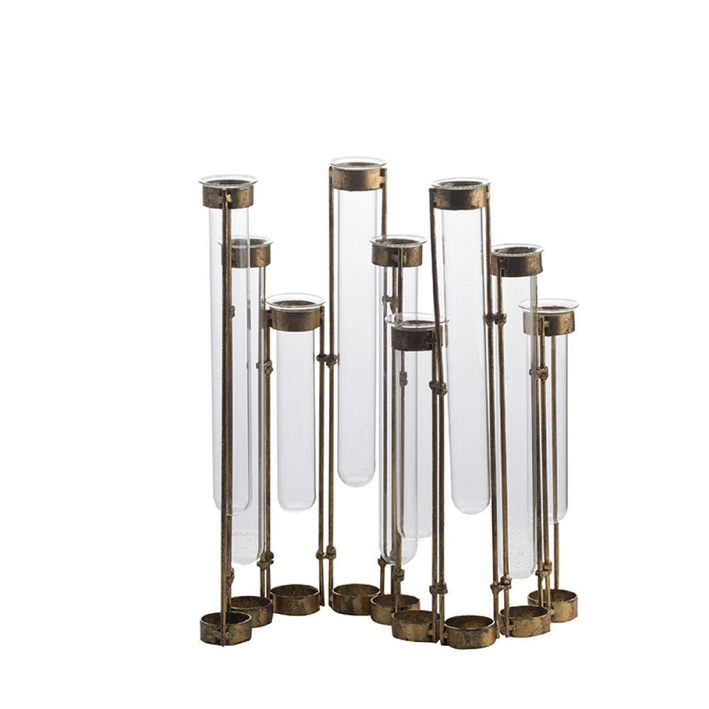 Glass Flower Vase with Separate Tubes & Bronze Metal Stand | 14" Accent