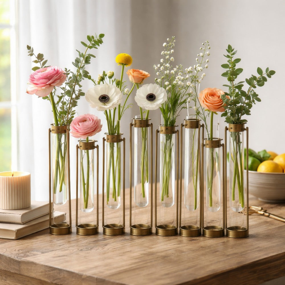 Glass Flower Vase with Separate Tubes & Bronze Metal Stand | 14" Accent