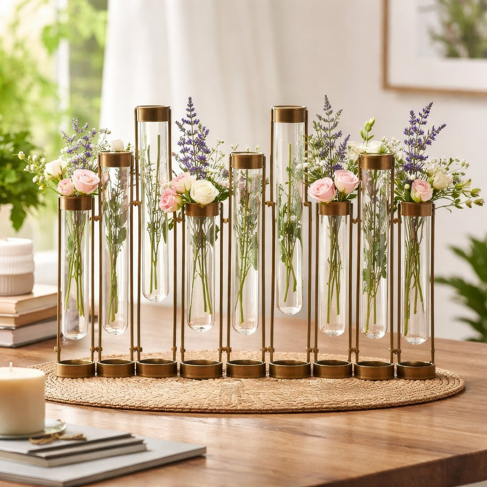 Glass Flower Vase with Separate Tubes & Bronze Metal Stand | 14" Accent