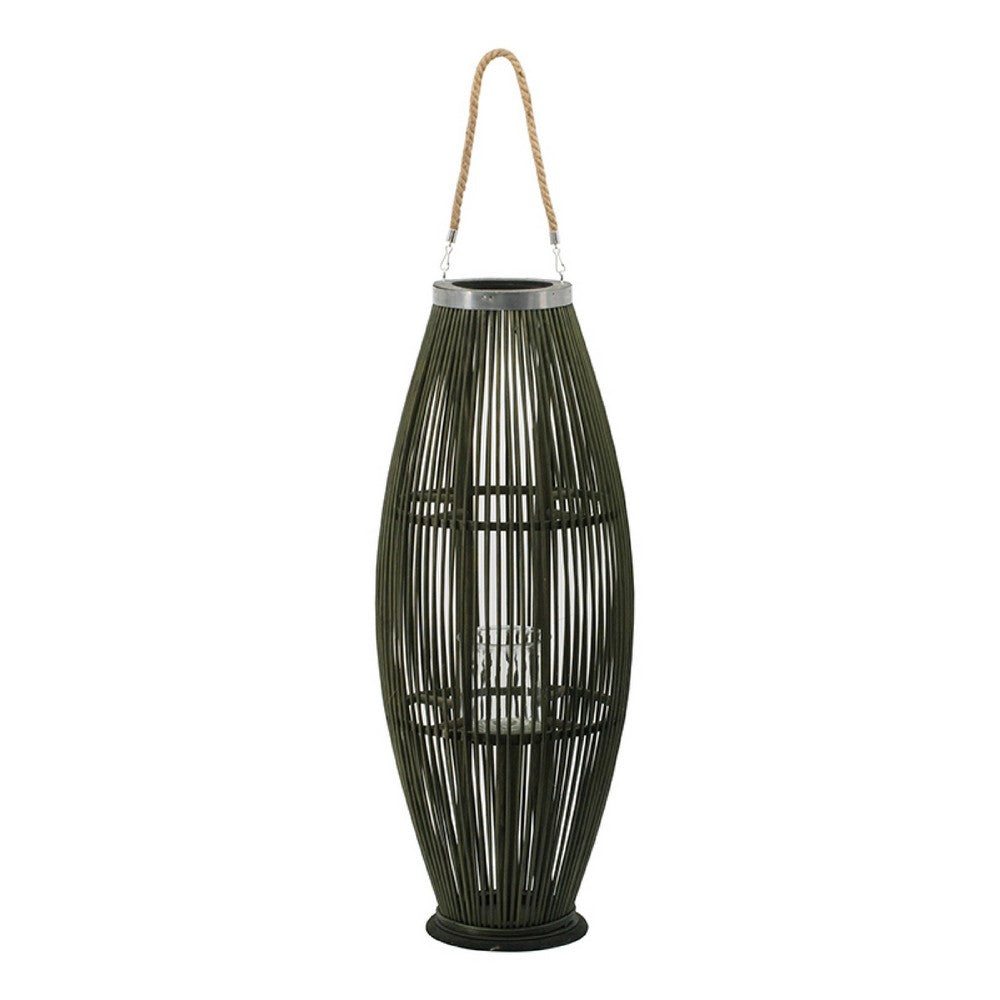Prish Tall Lantern | Glass Insert | 33" Green Bamboo Frame | Hemp Rope
