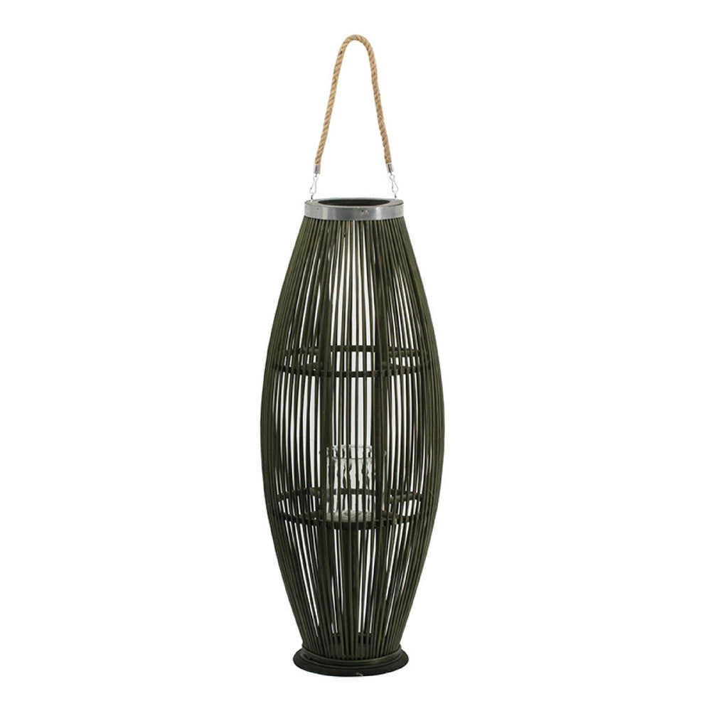 Prish Tall Lantern | Glass Insert | 33" Green Bamboo Frame | Hemp Rope