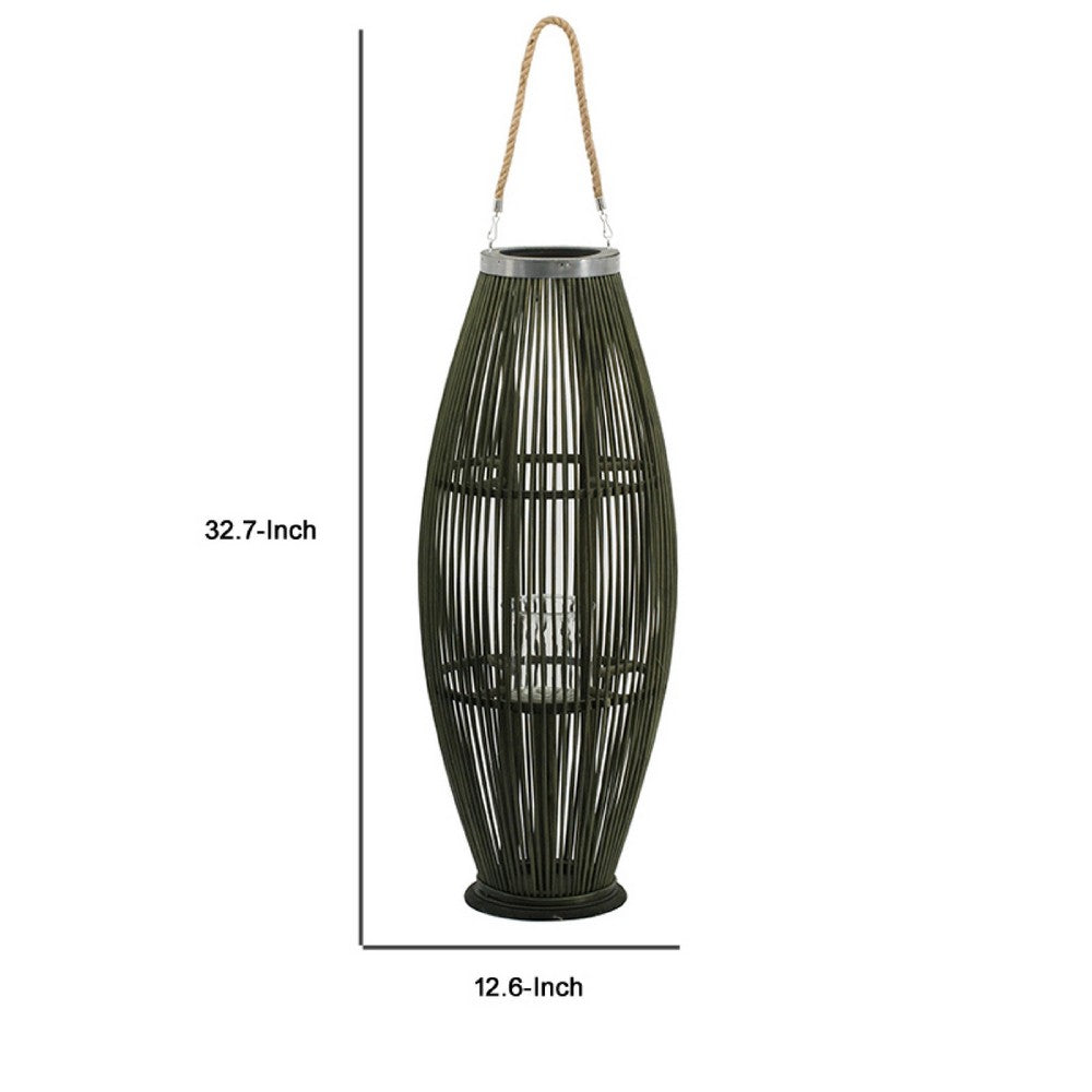 Prish Tall Lantern | Glass Insert | 33" Green Bamboo Frame | Hemp Rope