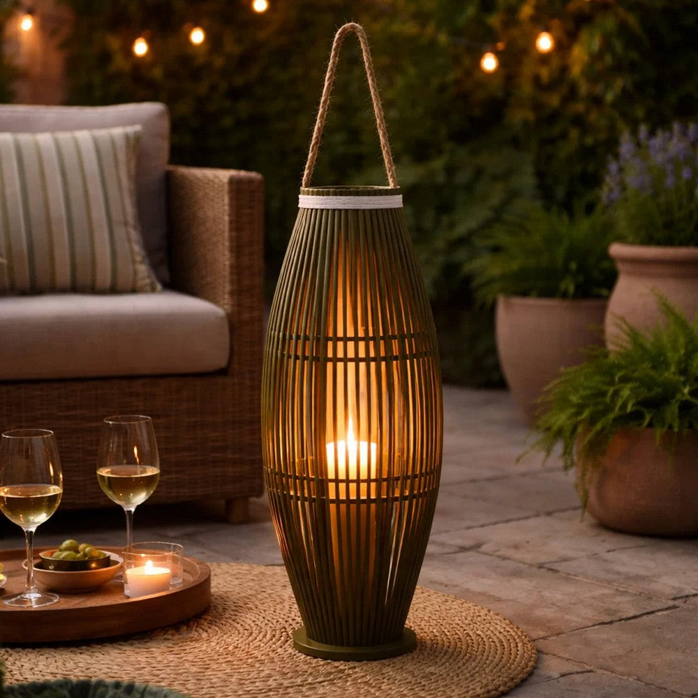 Prish Tall Lantern | Glass Insert | 33" Green Bamboo Frame | Hemp Rope