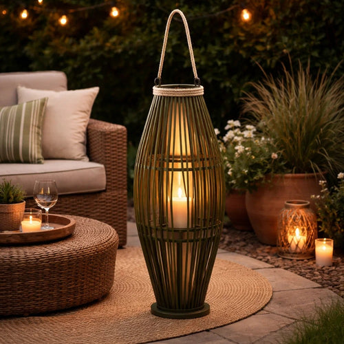 Prish Tall Lantern | Glass Insert | 33" Green Bamboo Frame | Hemp Rope