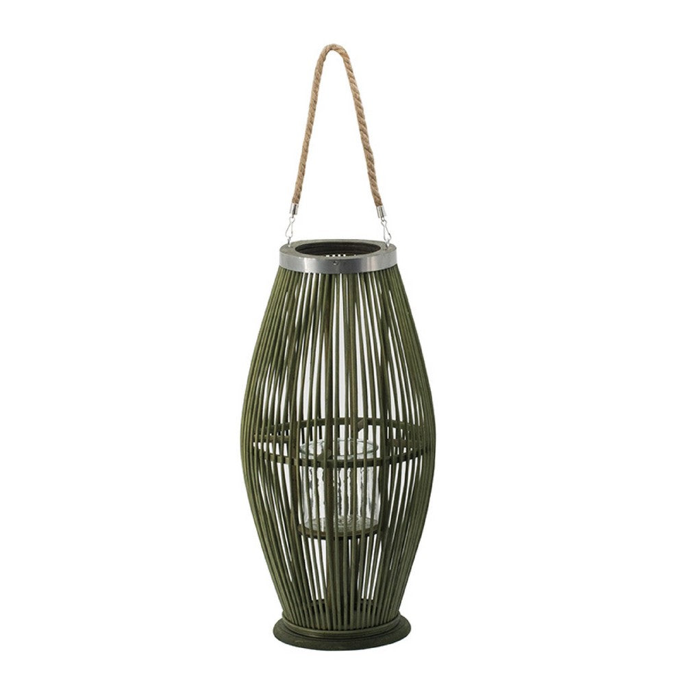 Prish Lantern | Glass Insert | 23" Green Bamboo Frame | Hemp Rope