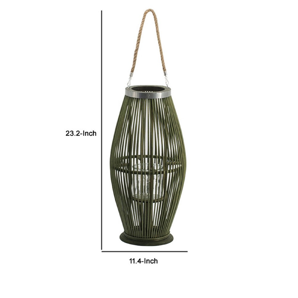 Prish Lantern | Glass Insert | 23" Green Bamboo Frame | Hemp Rope