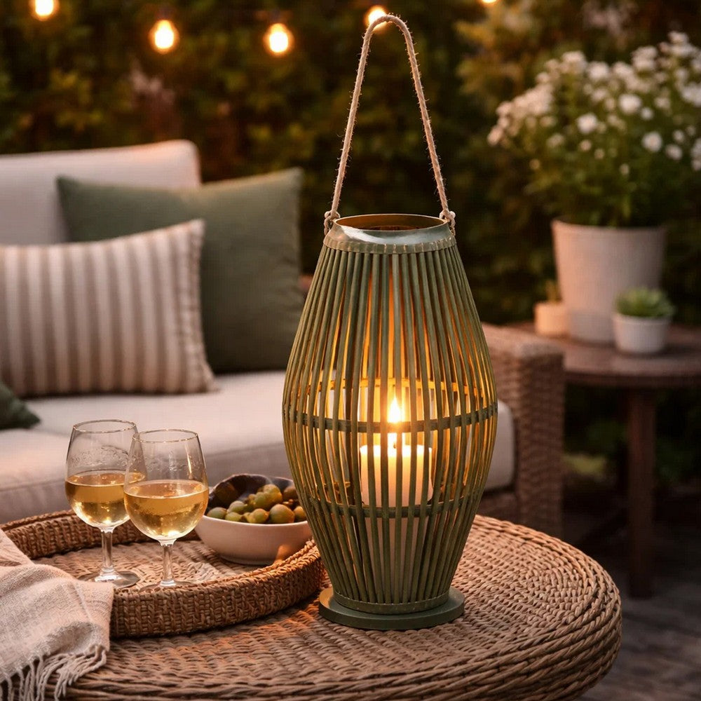 Prish Lantern | Glass Insert | 23" Green Bamboo Frame | Hemp Rope