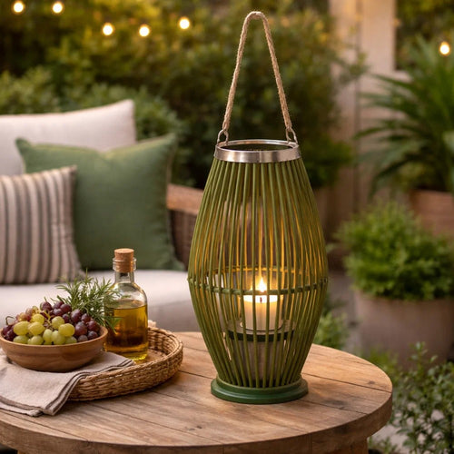 Prish Lantern | Glass Insert | 23" Green Bamboo Frame | Hemp Rope