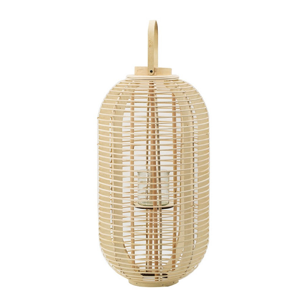 Rattan Bamboo Lantern with Glass Insert | Natural Beige Open Weave Frame